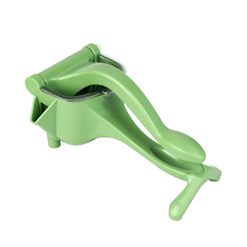 Green lever citrus juicer with press cup and angled juice spout