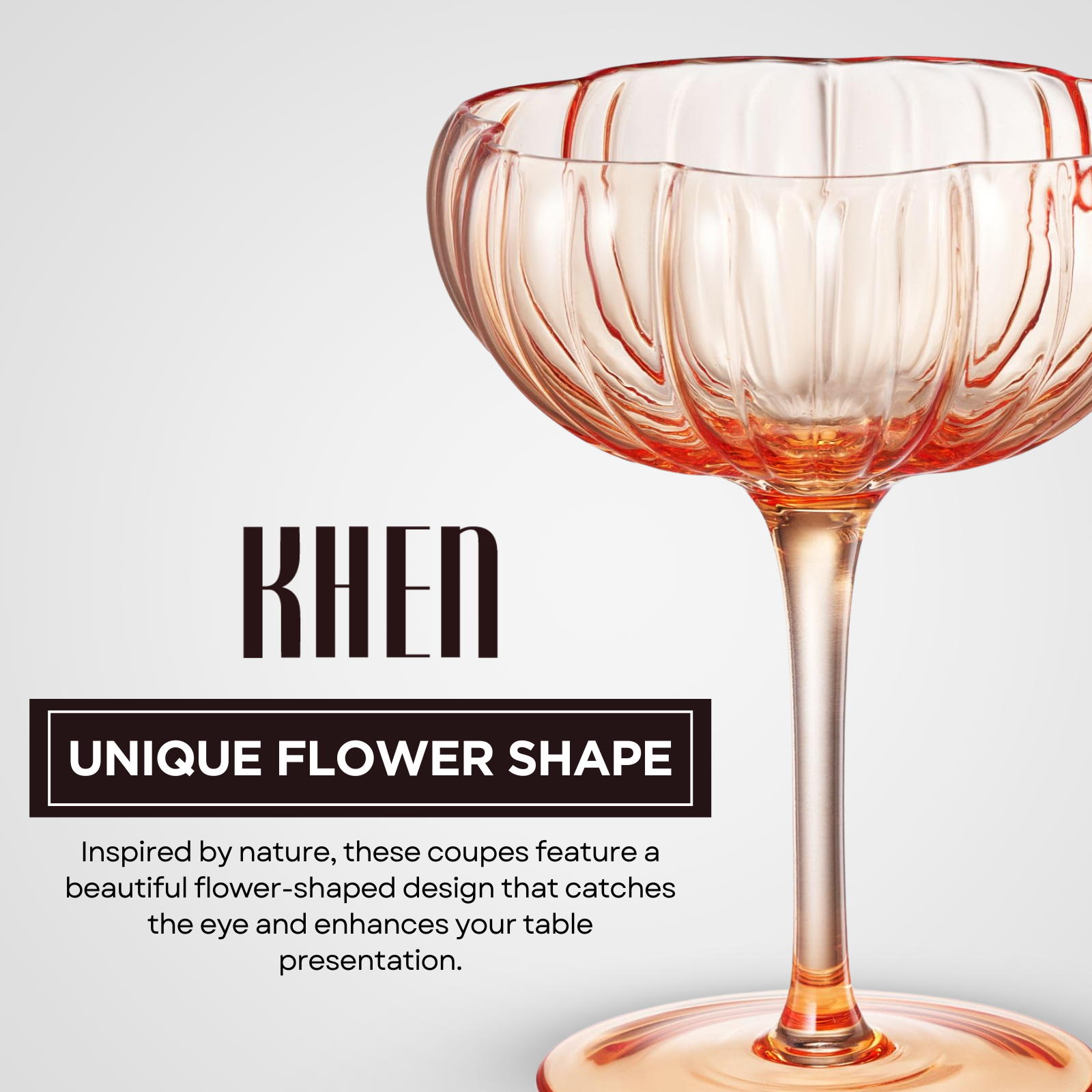 Orange flower-shaped coupe cocktail glass with scalloped bowl and slender stem base