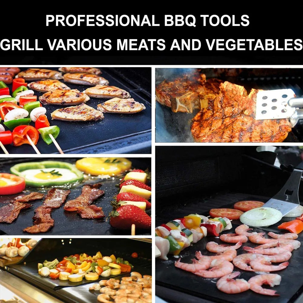 Black non-stick BBQ grill mat laid on grill surface for cooking meats and vegetables