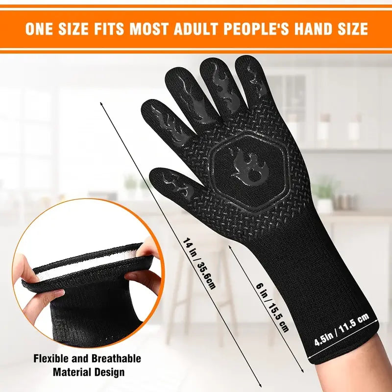Black BBQ oven mitt with flame emblem and long extended cuff