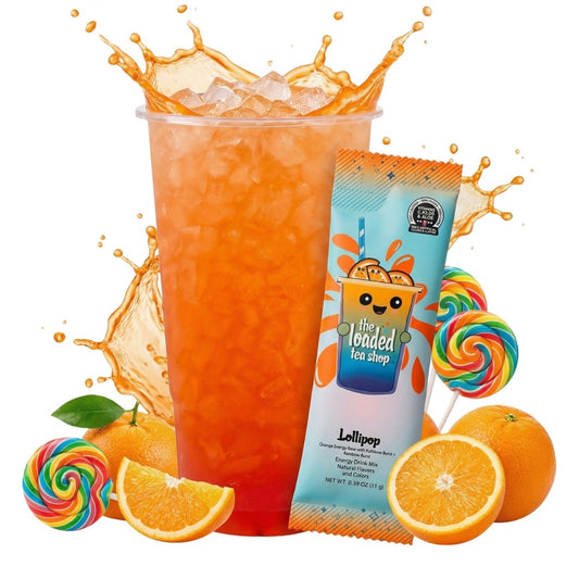 Orange loaded tea in tall cup with ice and lollipop candy accents