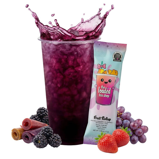 Fruit Rollup tea drink in a purple cup with fruit and packaged stick