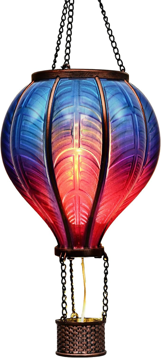 Hanging hot air balloon solar lantern with blue-purple sides and warm red flame glow