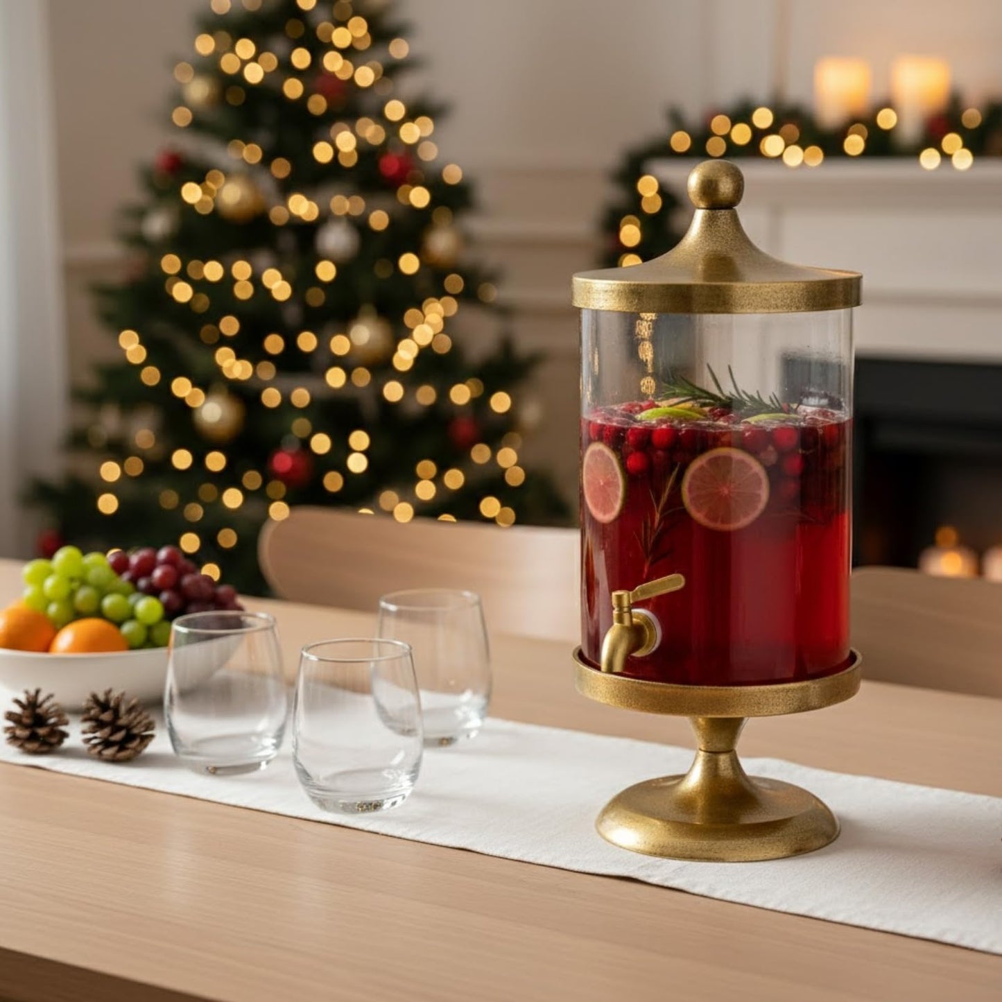 Gold beverage dispenser with clear glass cylinder and gold spigot, filled with red fruit drink