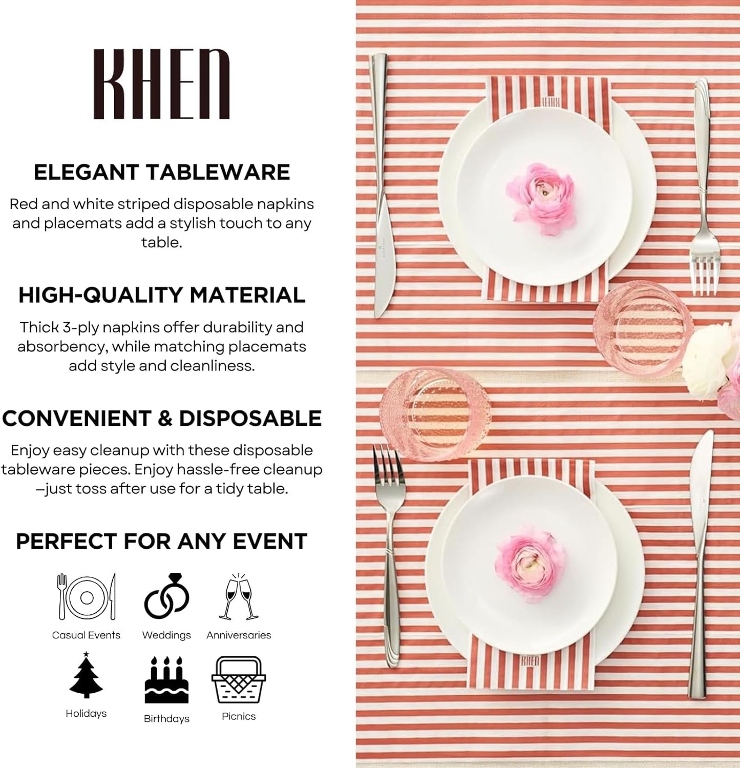 Tonal Striped Disposable Napkin Set in Stripe Red, 50 Pieces
