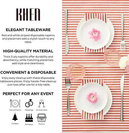 Tonal Striped Disposable Napkin Set in Stripe Red, 50 Pieces