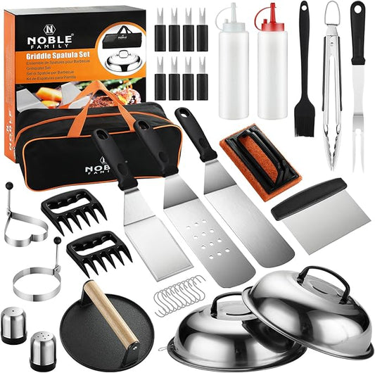 Stainless griddle accessory kit with spatulas, tongs, press, claws, and carry bag