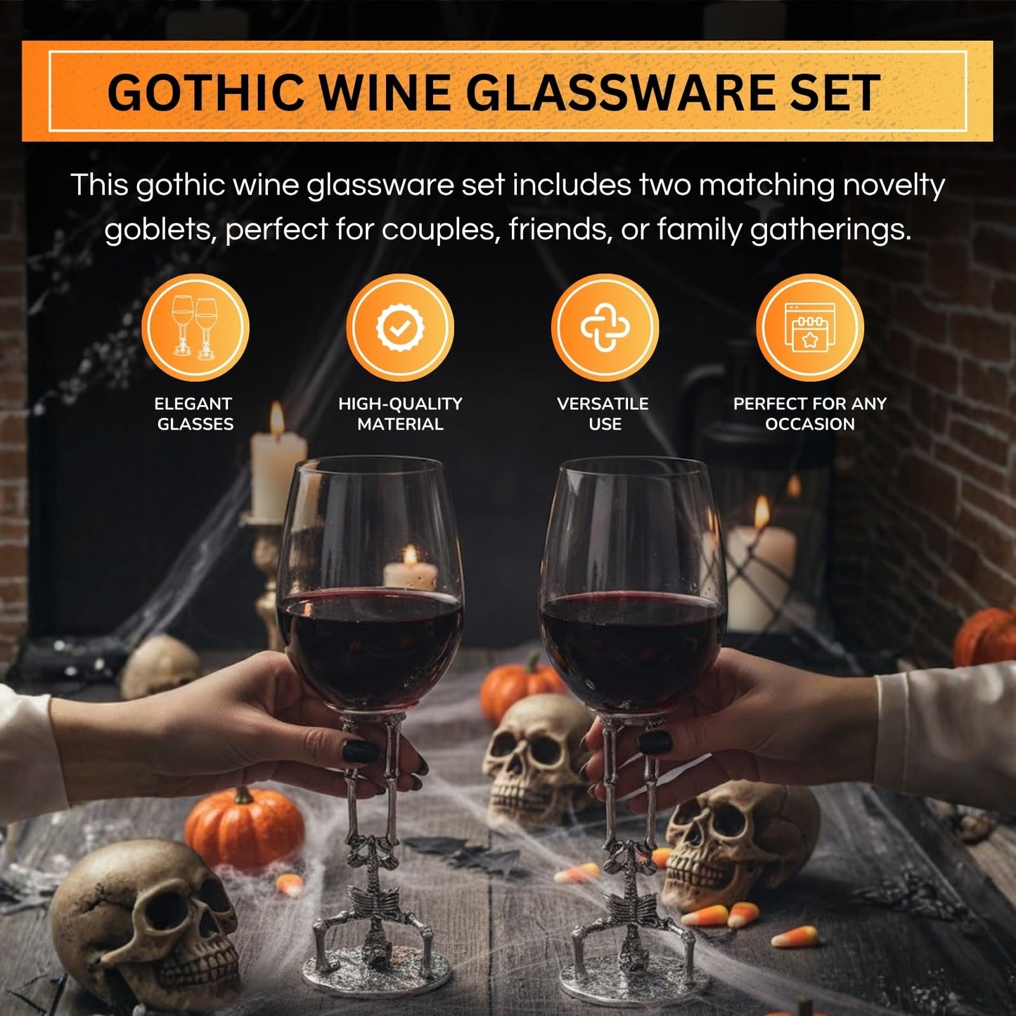 Skeleton Wine Glasses Set of 2 13oz – Gothic Skeletons Stem Goblets for Halloween Party