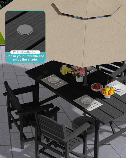 PLUUV 5-Piece Outdoor Dining Set with Umbrella Hole – HDPE Patio Table & 4 Chairs, Black
