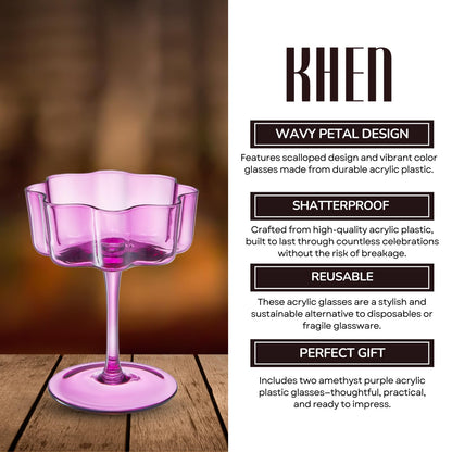 Flower Wave Coupe Cocktail Colored Glasses | Set of 2 | Amethyst Purple