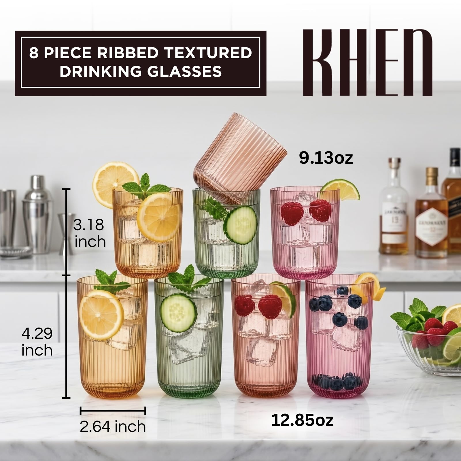 Set of 8 ribbed drinking glasses showing amber, green, pink, and clear textured tumblers