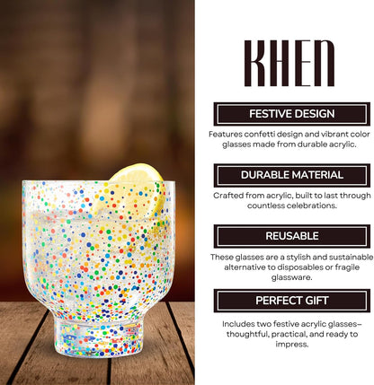 Khen Confetti Stemless Tumblers Set Colorful Drinkware - 12oz Clear