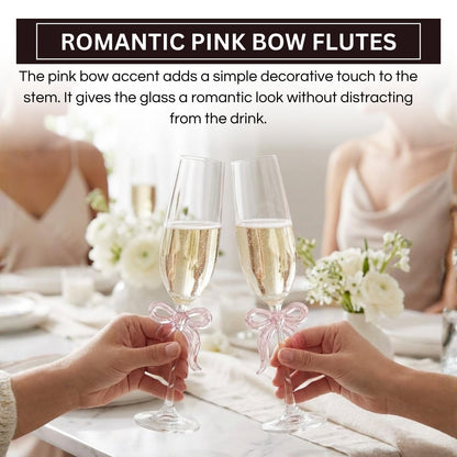 Clear Champagne Glass with Pink Bow on Stem, Set of 2