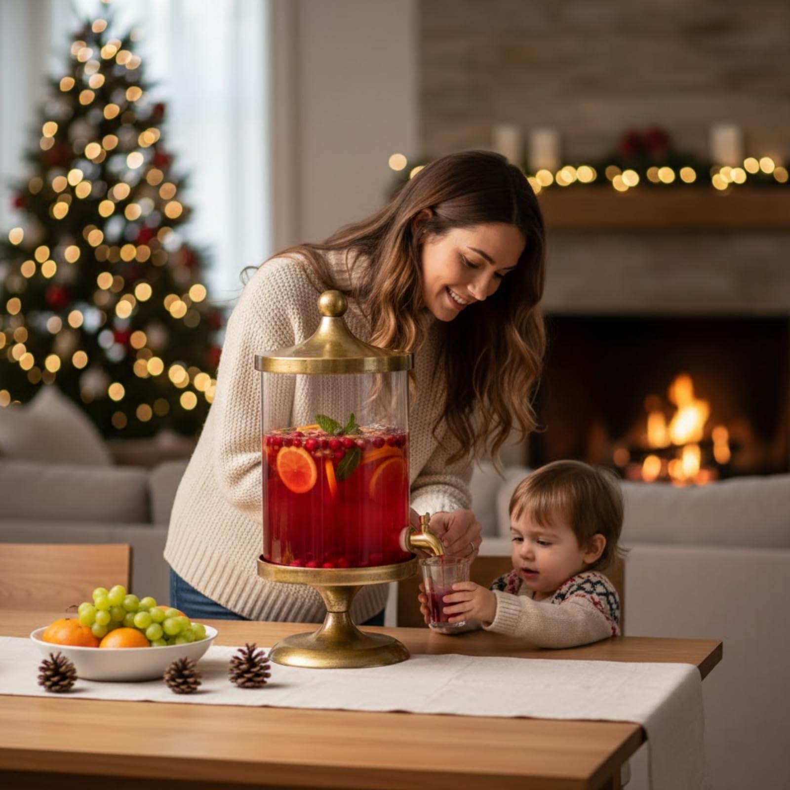 Gold beverage dispenser with clear glass cylinder, gold spigot, and red drink with fruit