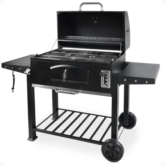 Grill Boss charcoal BBQ grill with open lid, cooking grates, side shelves and wheels