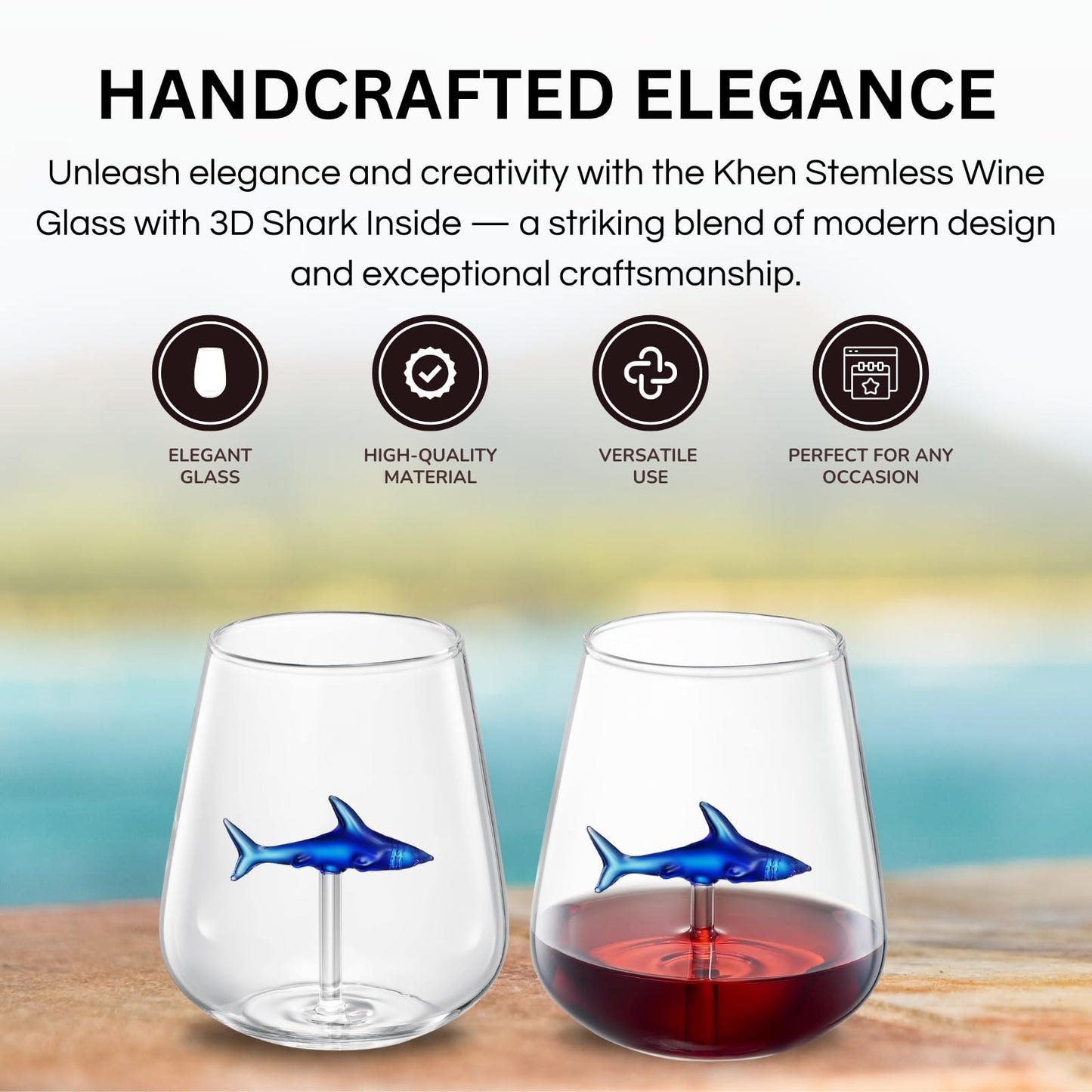 Handcrafted Stemless Shark Wine Glass - Personalized Set of 2