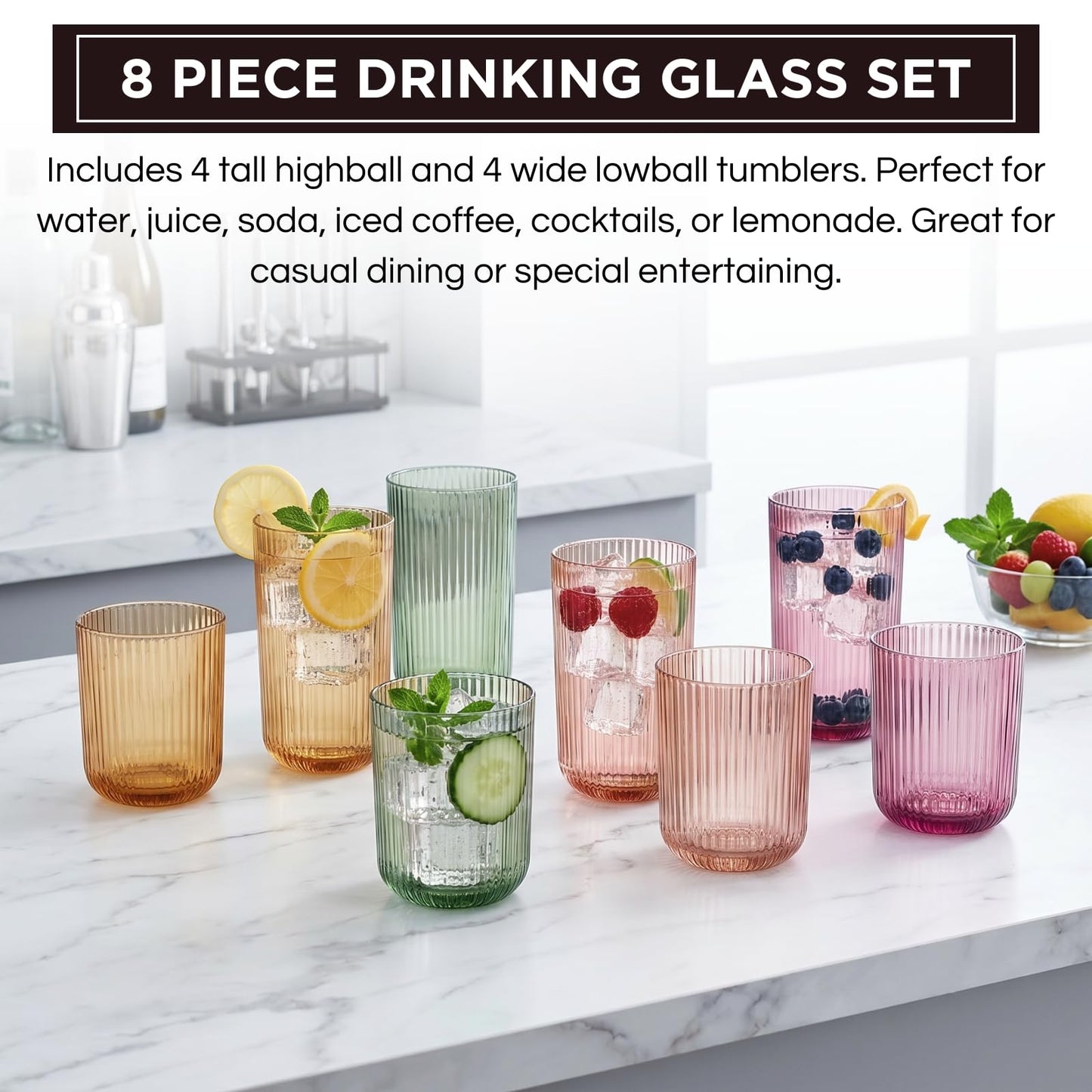 8-piece ribbed drinking glass set on counter with assorted colorful tumblers