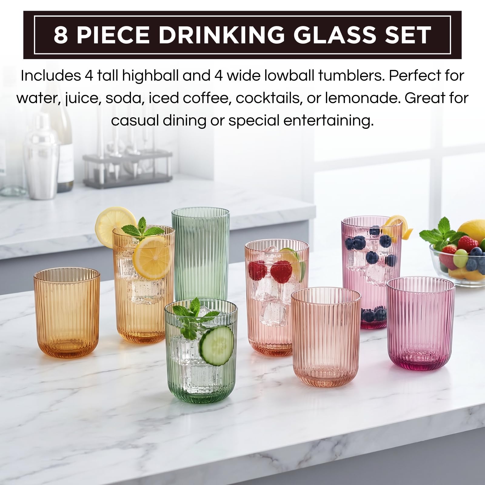 8-piece ribbed drinking glass set on counter with assorted colorful tumblers