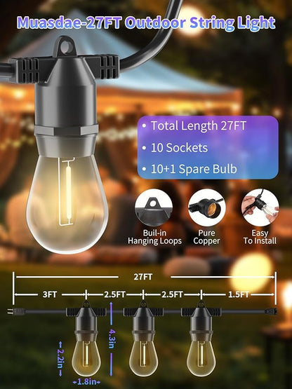 Led String Lights Outdoor 27Feet S14 Patio Light, Edison Shatterproof Bulbs Weatherproof Strand, Commercial Grade Patio Lights, Decorative for Garden or Patio