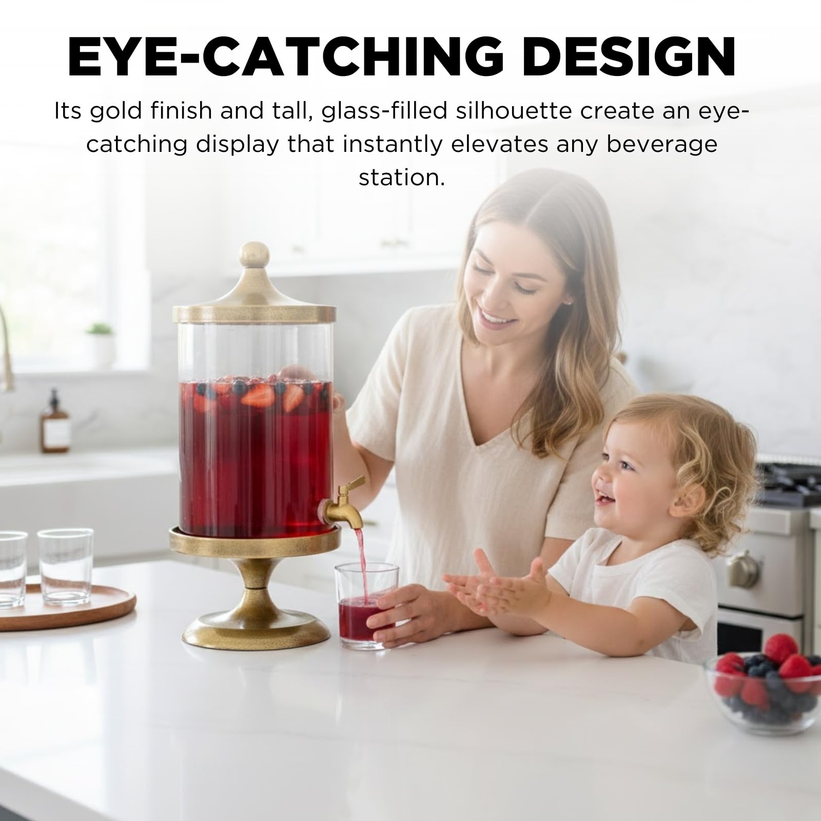 Gold beverage dispenser with clear cylinder, gold spigot, and red drink with fruit slices