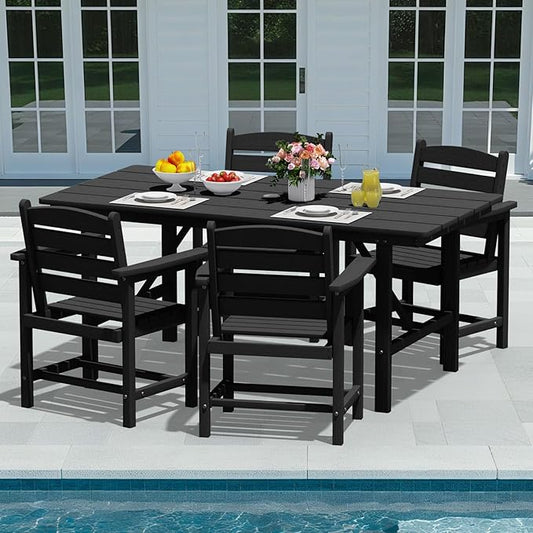 PLUUV 5-Piece Outdoor Dining Set with Umbrella Hole – HDPE Patio Table & 4 Chairs, Black