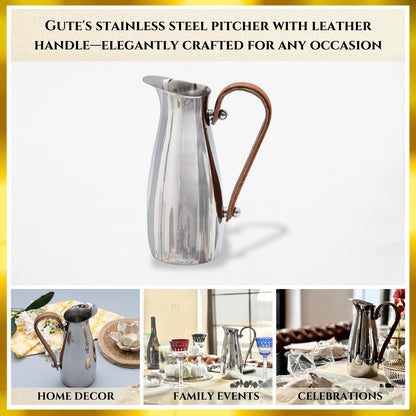 Silver Stainless Steel Water Pitcher, Leather Handle