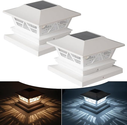 TW SHINE 2 Pack Solar Outdoor Fence Post Lights, 2 Modes Post Cap Lights Waterproof Warm White/Cool White for Yard, Garden, Porch, Patio Decor, for 4x4 5x5 6x6 Wood Posts, White