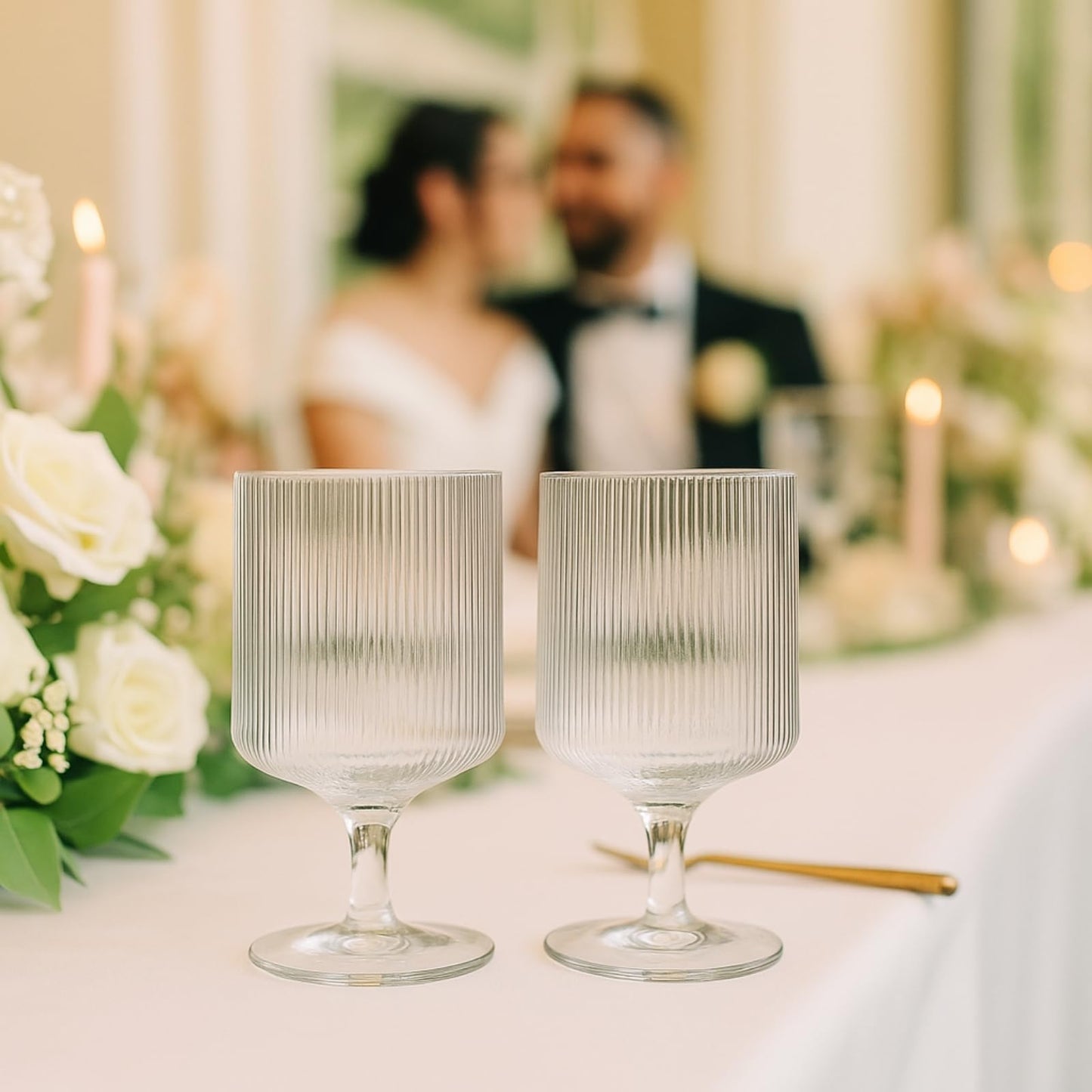 Khen Textured Clear Glass Ribbed Modern Elegant Wine Goblets | Set of 2