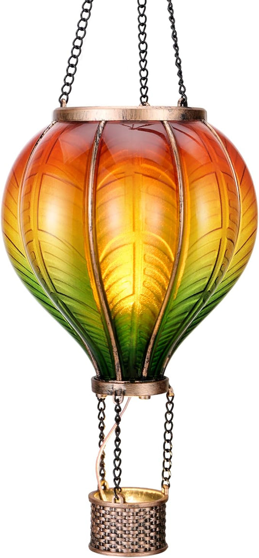 Hot air balloon solar lantern in orange and green with hanging chain