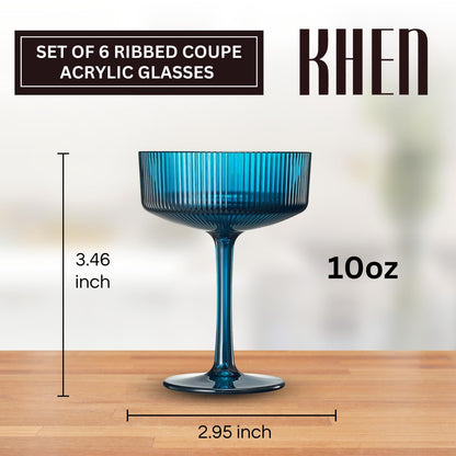 Shatterproof Acrylic Ribbed Vintage Art Deco Martini Set of 6