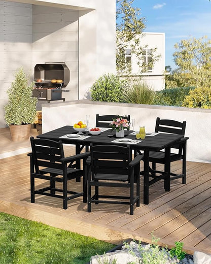PLUUV 5-Piece Outdoor Dining Set with Umbrella Hole – HDPE Patio Table & 4 Chairs, Black