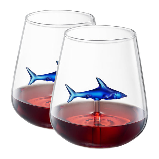 Stemless wine glass pair with blue shark decal and red wine fill