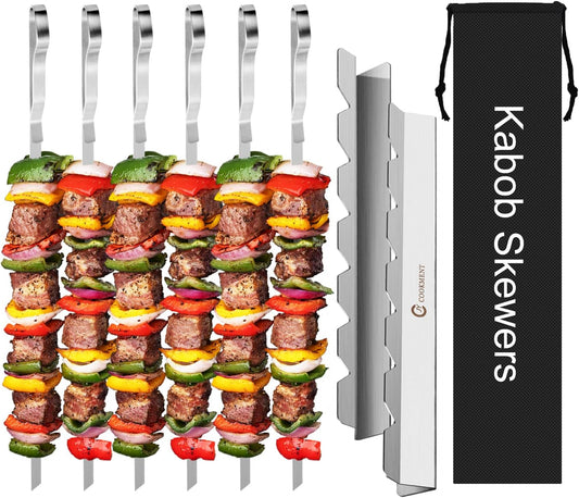 Flat stainless steel kabob skewers set with grilling rack and storage bag