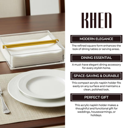 Clear & Gold Napkin Holder – 7"x 7" Square Design | Modern Table Decor
