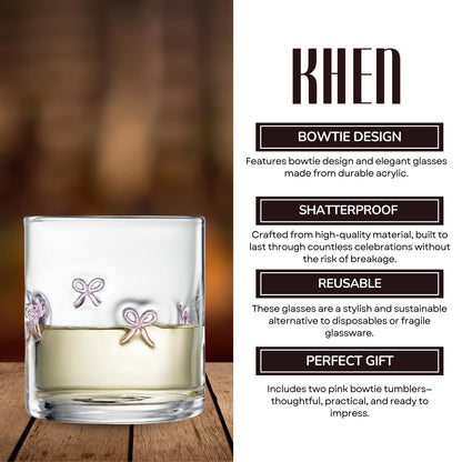 Khen Bowtie Tumblers Set Stylish Break Resistant Acrylic Drinkware - Set of 2 Pink