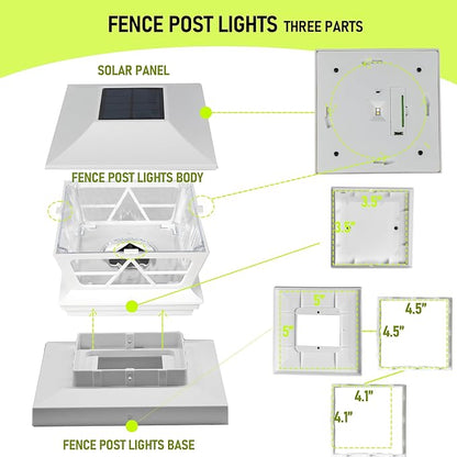 TW SHINE 2 Pack Solar Outdoor Fence Post Lights, 2 Modes Post Cap Lights Waterproof Warm White/Cool White for Yard, Garden, Porch, Patio Decor, for 4x4 5x5 6x6 Wood Posts, White
