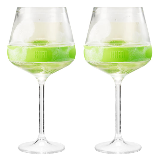 Stemmed acrylic wine glasses with green cooling band, clear body, set of 2