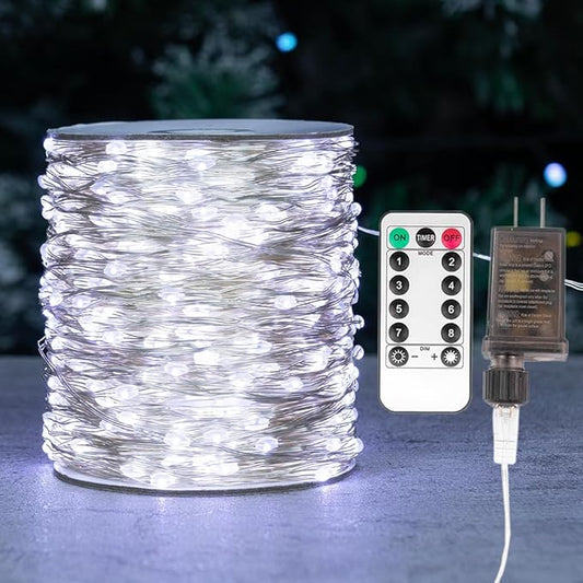 Plug-in LED fairy light roll with cool white bulbs and remote control