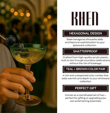 Khen Hexagonal Coupe Glasses Elegant Break Resistant  - Set of 2 Teal + Brown