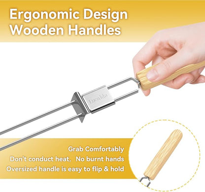 Skewers for Grilling, 17" (6 Pcs) Wooden Handle Double Pronged Stainless Steel Flat Kabob Skewers with Push Bar, Reusable Long Metal Skewer Sticks for Meat Chicken Vegetable, BBQ Accessories