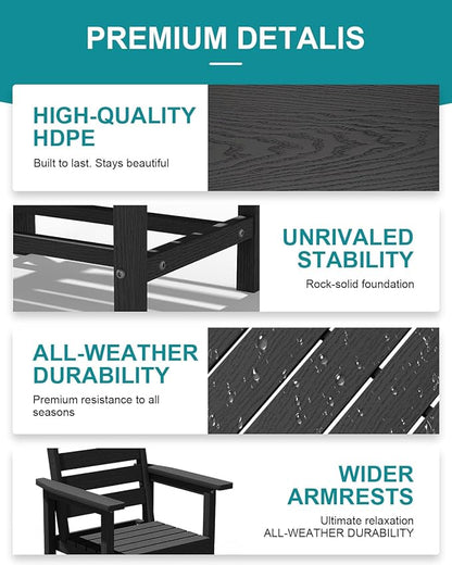 PLUUV 5-Piece Outdoor Dining Set with Umbrella Hole – HDPE Patio Table & 4 Chairs, Black