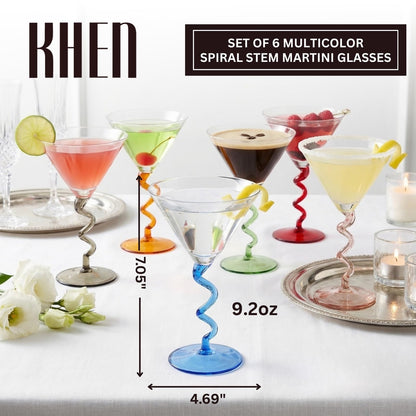 Spiral Stem Martini Glasses Set of 6, 9.2oz 7.05" Multicolor Twisted Base Glass