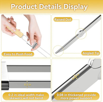 Skewers for Grilling, 17" (6 Pcs) Wooden Handle Double Pronged Stainless Steel Flat Kabob Skewers with Push Bar, Reusable Long Metal Skewer Sticks for Meat Chicken Vegetable, BBQ Accessories