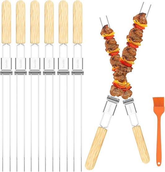 Set of 6 wooden-handle double-pronged flat kabob skewers with metal push bar