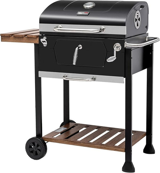 Charcoal grill with lid, black body, folding side table, and wooden shelf on wheels