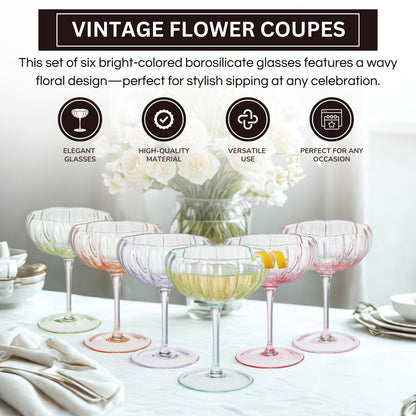 Flower Coupe Cocktail Glasses | Set of 4 | Bright Colors
