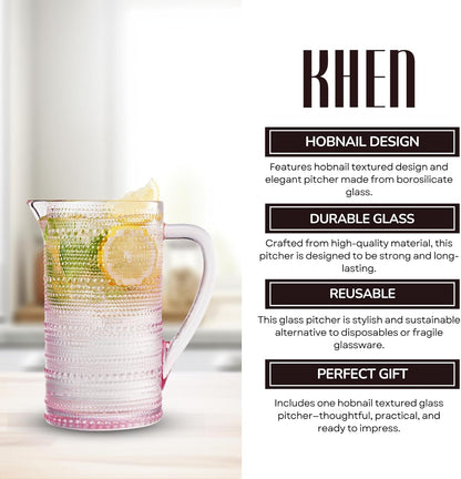 Khen Hobnail Pitcher, Vintage Style Textured Artisan Design - 7.8 Inch Pink
