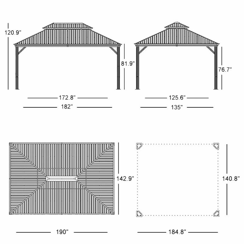 Hardtop gazebo frame layout with roof shape and height dimensions, side and front views
