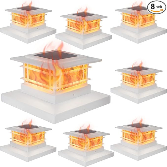 White solar flame post cap light set with flickering LED glow, 8-pack shown from multiple angles
