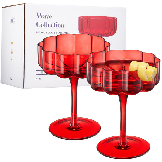 Red wavy glass cocktail coupes, set of 2, in box packaging with front view